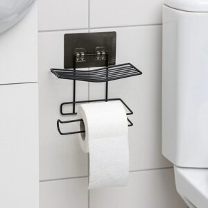 Держатель для туалетной бумаги с полочкой Доляна, 18,510,514,3 см, на липучке, цвет чёрный