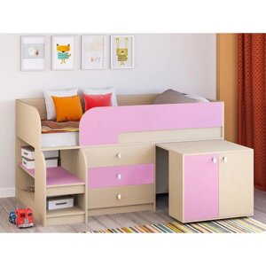 Детская кровать-чердак «Астра 9 V7», выдвижной стол, цвет дуб молочный/розовый