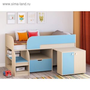 Детская кровать-чердак «Астра 9 V9», выдвижной стол, цвет дуб молочный/голубой
