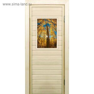 Дверь для бани со стеклом (40*60) Осенний лес", 19070см, коробка из осины