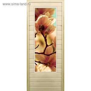 Дверь для бани со стеклом (43*129) Цветение", 19070см, коробка из осины