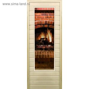 Дверь для бани со стеклом (43*129) Камин-4", 18070см, коробка из осины