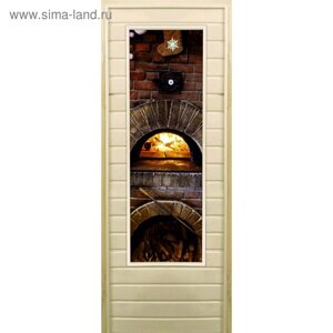 Дверь для бани со стеклом (43*129) Печь", 19070см, коробка из осины