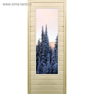 Дверь для бани со стеклом (43*129) Зимний лес", 19070см, коробка из осины