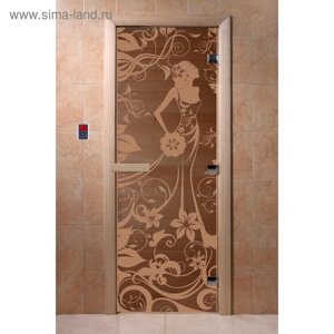 Дверь для бани стеклянная «Девушка в цветах», размер коробки 190 70 см, 8 мм, бронза, левая