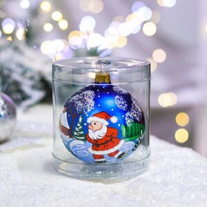 Ёлочная игрушка Шар "Дед Мороз на катке", 80 мм, стекло, ручная роспись