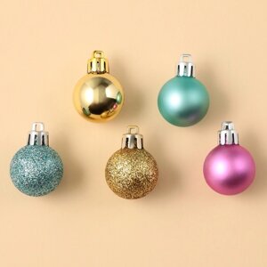 Ёлочные шары новогодние, на Новый год, пластик, d-3 см, 16 шт, цвета голубой, розовый и золотой