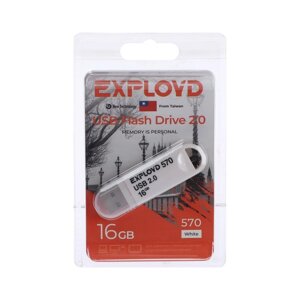 Флешка Exployd 570, 16 Гб, USB2.0, чт до 15 Мб/с, зап до 8 Мб/с, белая