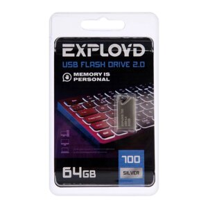 Флешка Exployd, mini,64 Гб, USB 2.0, чт до 15 Мб/с, зап до 8 Мб/с, металическая, серебряная