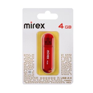Флешка Mirex CANDY RED, 4 Гб , USB2.0, чт до 25 Мб/с, зап до 15 Мб/с, красная