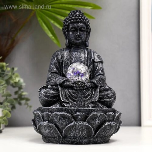 Фонтан настольный от сети, подсветка "Серый будда с шаром" 30х19х19 см