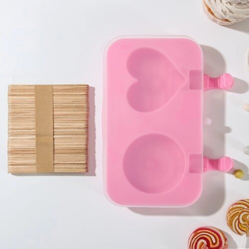 Форма для мороженого «Позитив», силикон, 19,5112,5 см, 2 ячейки, с крышкой и палочками (50 шт), цвет МИКС