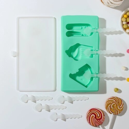 Форма для мороженого «Сладость», силикон, 18,59,52 см, 3 ячейки, с крышкой и палочками, цвет МИКС