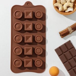 Форма для шоколада Доляна «Кружочки, квадратики», силикон, 21,510,41,5 см, 15 ячеек, цвет коричневый