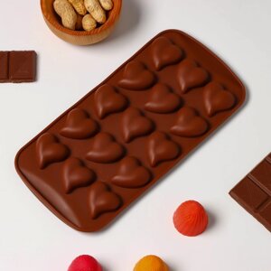 Форма для шоколада Доляна «Сердца», силикон, 21,510,51,8 см, 15 ячеек (33 см), цвет коричневый