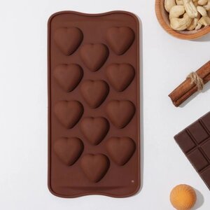 Форма для шоколада Доляна «Сердечки», силикон, 2110,51,5 см, 12 ячеек, цвет коричневый