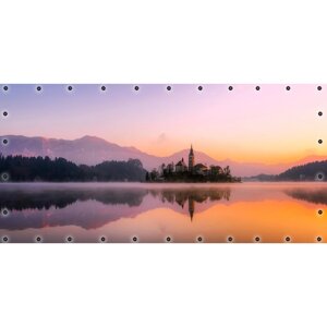 Фотосетка, 314 155 см, с фотопечатью, люверсы шаг 0.3 м, «Рассвет на озере»