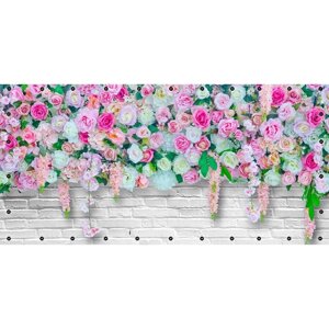 Фотосетка, 314 155 см, с фотопечатью, люверсы шаг 0.3 м, «Розы на белой кирпичной стене»