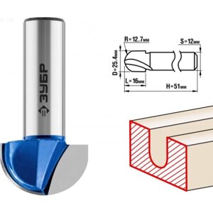 Фреза пазовая ЗУБР 28751-25.4-16, галтельная, R = 12.7 мм, 25.4 x 16 мм