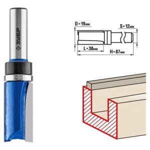 Фреза пазовая ЗУБР 28756-19-38-12, прямая, с верхним подшипником, хвостовик d = 12 мм, 19 x 38 мм