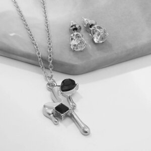 Гарнитур 2 предмета: серьги, кулон «Таяние» сердце, цвет чёрно-белый в серебре, 40 см