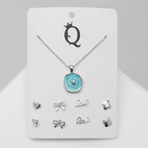 Гарнитур 5 предметов: серьги (4 пары), кулон «Минимал» сердце, цвет голубой в серебре, 40 см