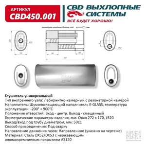 Глушитель универсальный CBD450.001, овал D272х170, L520, отверстия по центру/смещенное, нерж. сталь