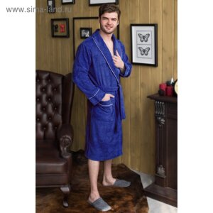 Халат мужской, шалька+кант, размер 52, цвет синий, махра