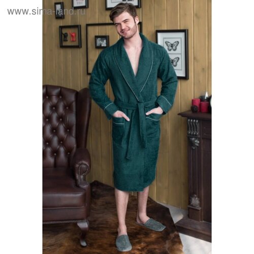 Халат мужской, шалька+кант, размер 56, цвет зелёный, махра