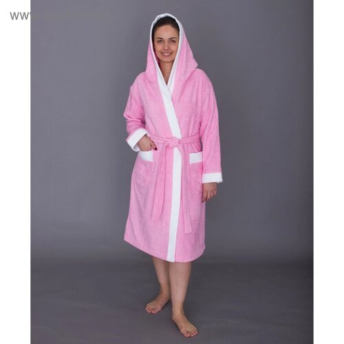 Халат женский с капюшоном, размер 48, цвет белый+розовый, махра