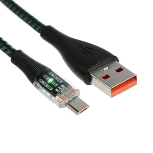 Кабель, 2 А, MicroUSB - USB, прозрачный, оплётка нейлон, 1 м, зелёный