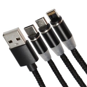 Кабель LuazON LN-6, microUSB/Type-C/Lightning - USB, 1 А, 1 м, магнитный разъем,