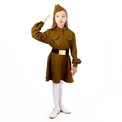 Карнавальный костюм военного: платье, дл. рук, пилотка, ремень, габардин,п/э,р-р32р. 122-128