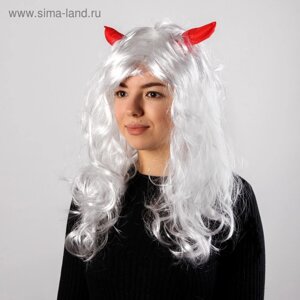 Карнавальный парик с красными рогами, цвет белый, 130 г