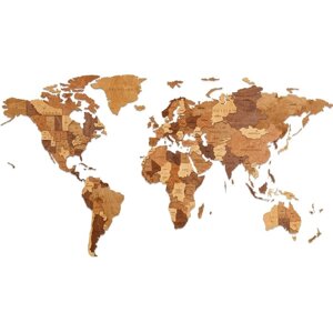 Карта мира деревянная Eco Wood Art Wooden World Map Choco World, объёмная, трёхуровневая, размер S, 100x55 см, цвет шоколадный
