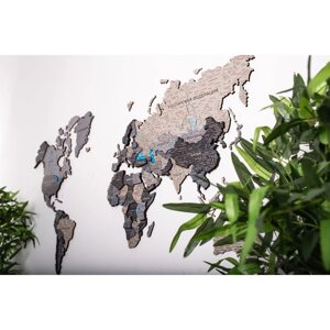 Карта мира деревянная МастерКарт «Борнео Грей - М», 130х75 см, многоуровневая