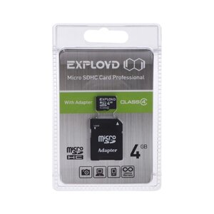 Карта памяти Exployd MicroSD, 4 Гб, SDHC, класс 4, с адаптером SD