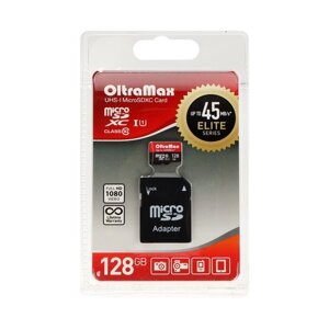 Карта памяти OltraMax MicroSD, 128 Гб, SDHC, UHS-1, класс 10, 45 Мб/с, с адаптером SD