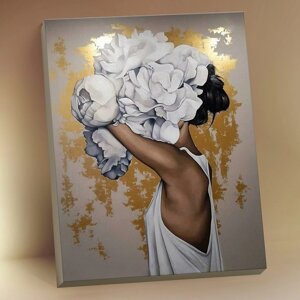 Картина по номерам с поталью 40 50 см «Девушка с пионами» 17 цветов