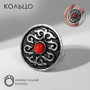 Кольцо «Этника» узорчатый круг, цвет красный в чернёном серебре, безразмерное