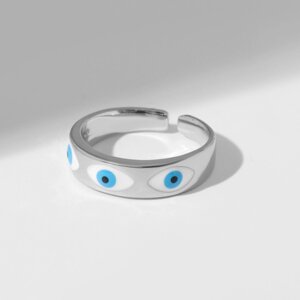 Кольцо «Оберег» глаз, ряд, цвет бело-голубой в серебре, безразмерное