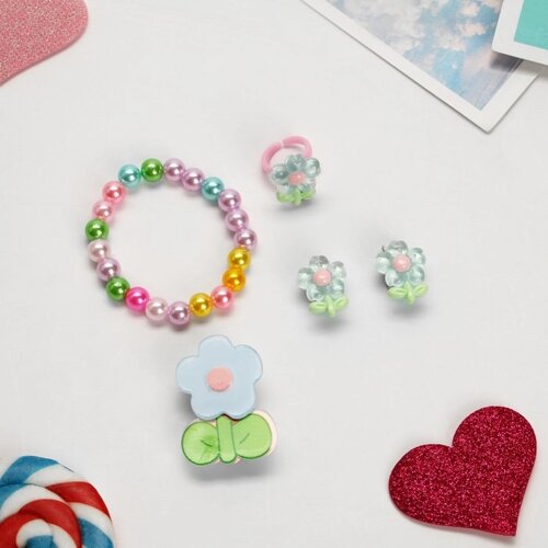 Комплект детский «Выбражулька» 4 предмета: заколка, клипсы, браслет, кольцо, цветики, цветной