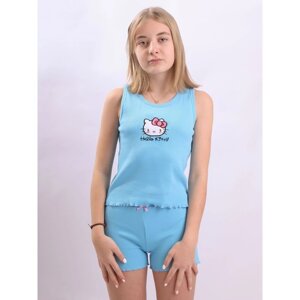 Комплект для девочки: майка, шорты, рост 134 см, цвет голубой