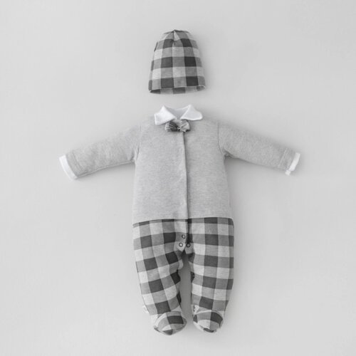 Комплект для мальчика KinDerLitto «Юный джентльмен-2», 2 предмета: комбинезон-слип, шапочка, рост 80-86 см, цвет серый меланж