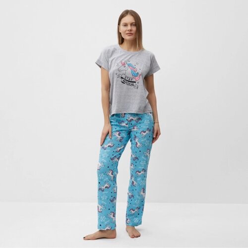 Комплект домашний женский "Единорог"футболка/брюки), цвет серый/голубой, размер 52