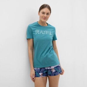 Комплект домашний женский (футболка, шорты), цвет бирюзовый, размер 50