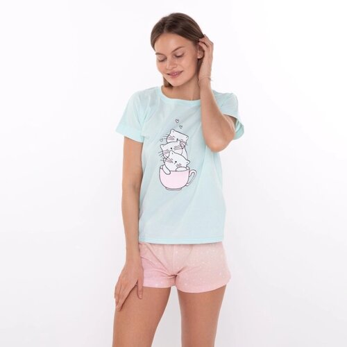 Комплект домашний женский «Кошки»футболка/шорты), цвет мята/розовый, размер 44