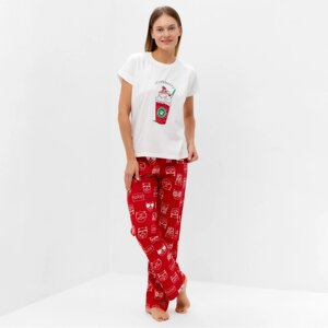 Комплект домашний женский "Котенок в стакане"футболка/брюки), цвет белый/красный, размер 44