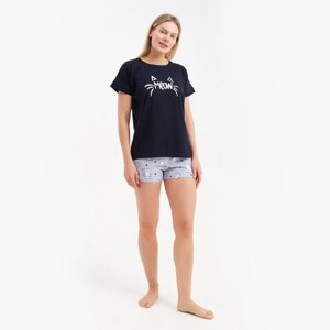 Комплект домашний женский "MEOW"футболка/шорты), цвет чёрный/серый, размер 50