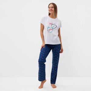 Комплект домашний женский "Сердечки"футболка/брюки), цвет белый/синий, размер 52